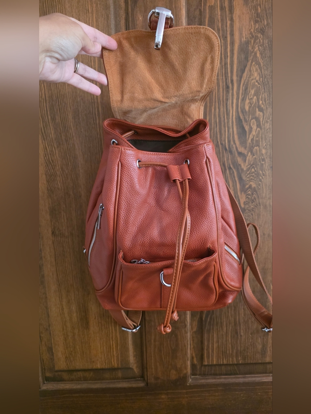 Coolcy Genuine Leather Drawstring Backpack - Rust - Picture 2 of 5